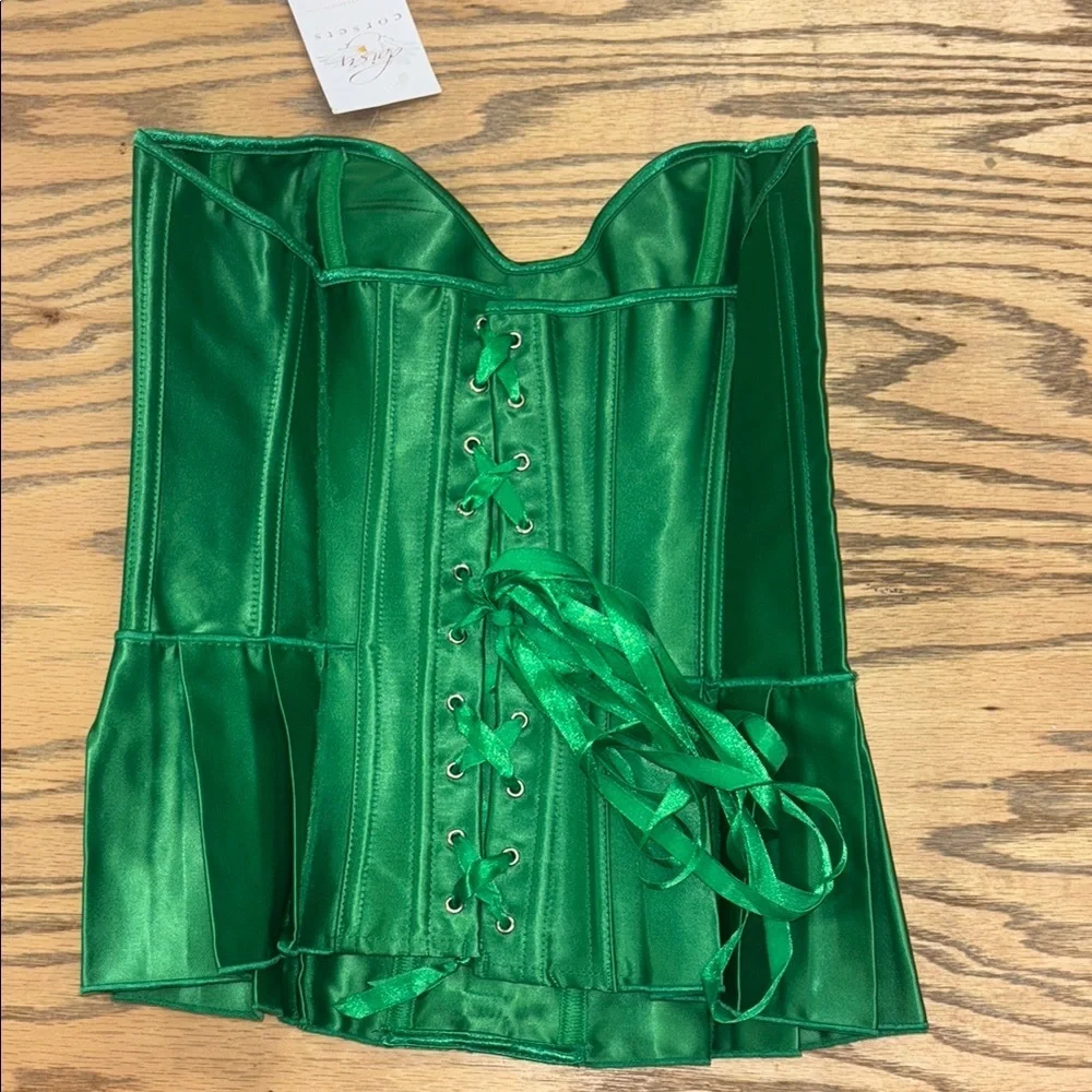 Emerald Green Satin Corset Top with Bow Details Medium - Picture 4 of 10